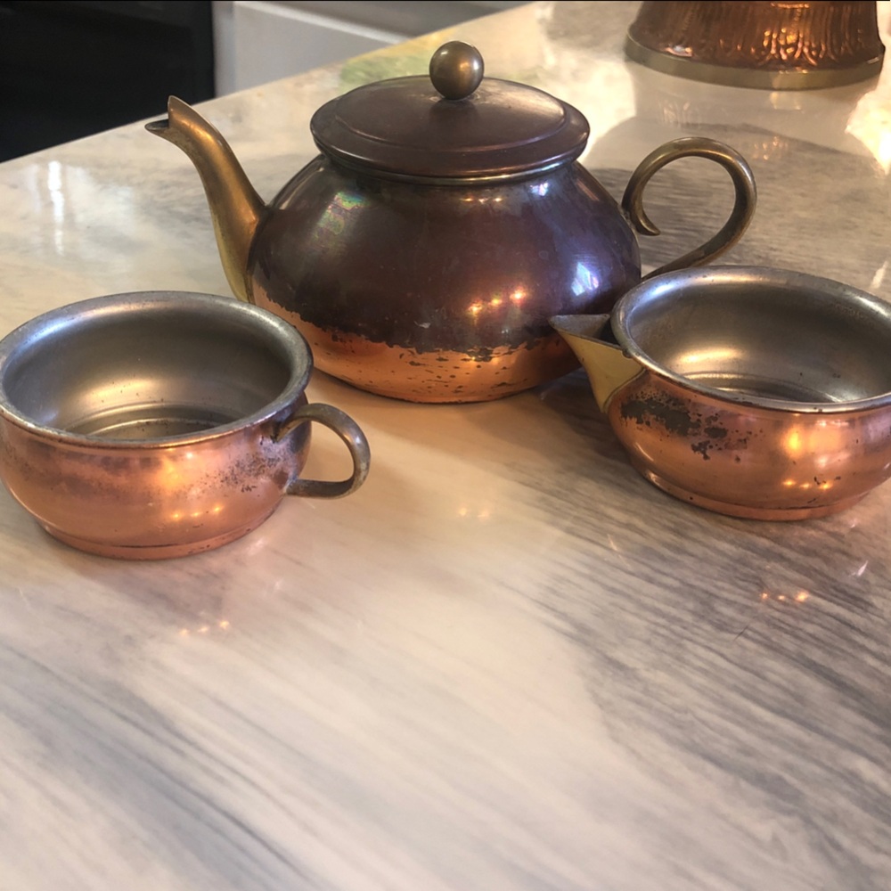Vintage Copper and Brass Tea Set with Silver Accents